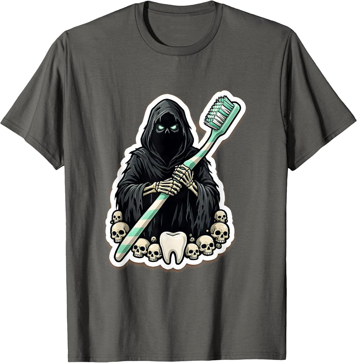 Men's Dental Halloween Grim Reaper Giant Toothbrush T-Shirt - Asphalt Grey