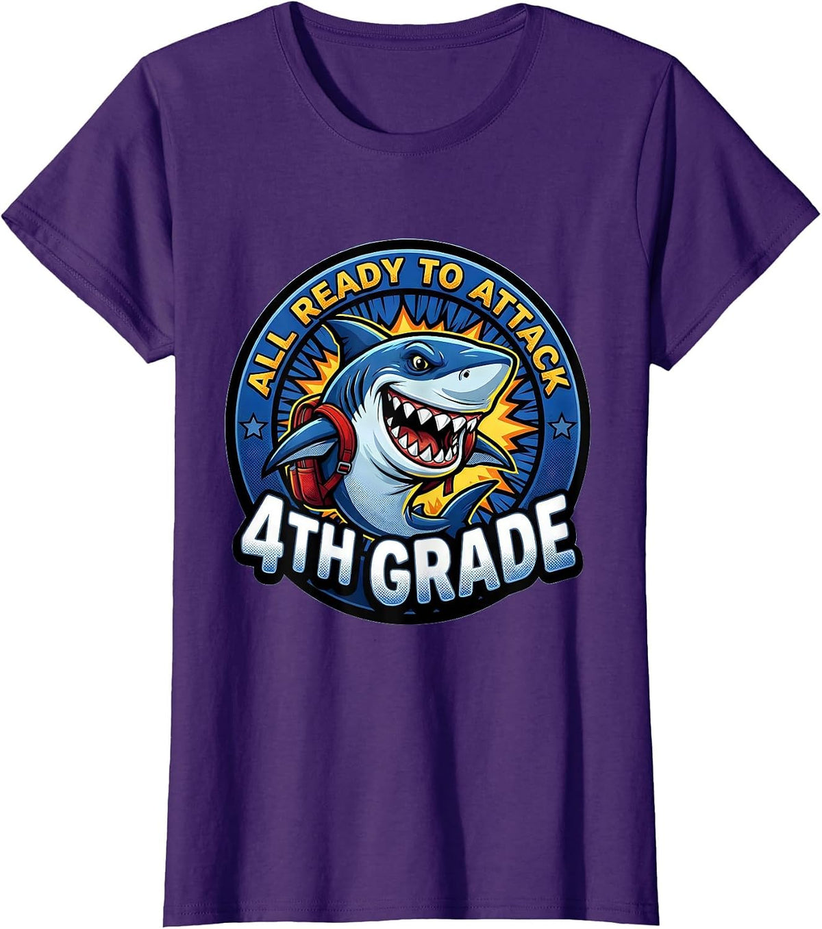Women's All Ready To Attack 4th Grade Comic Book Shark Boys First T-Shirt - Purple