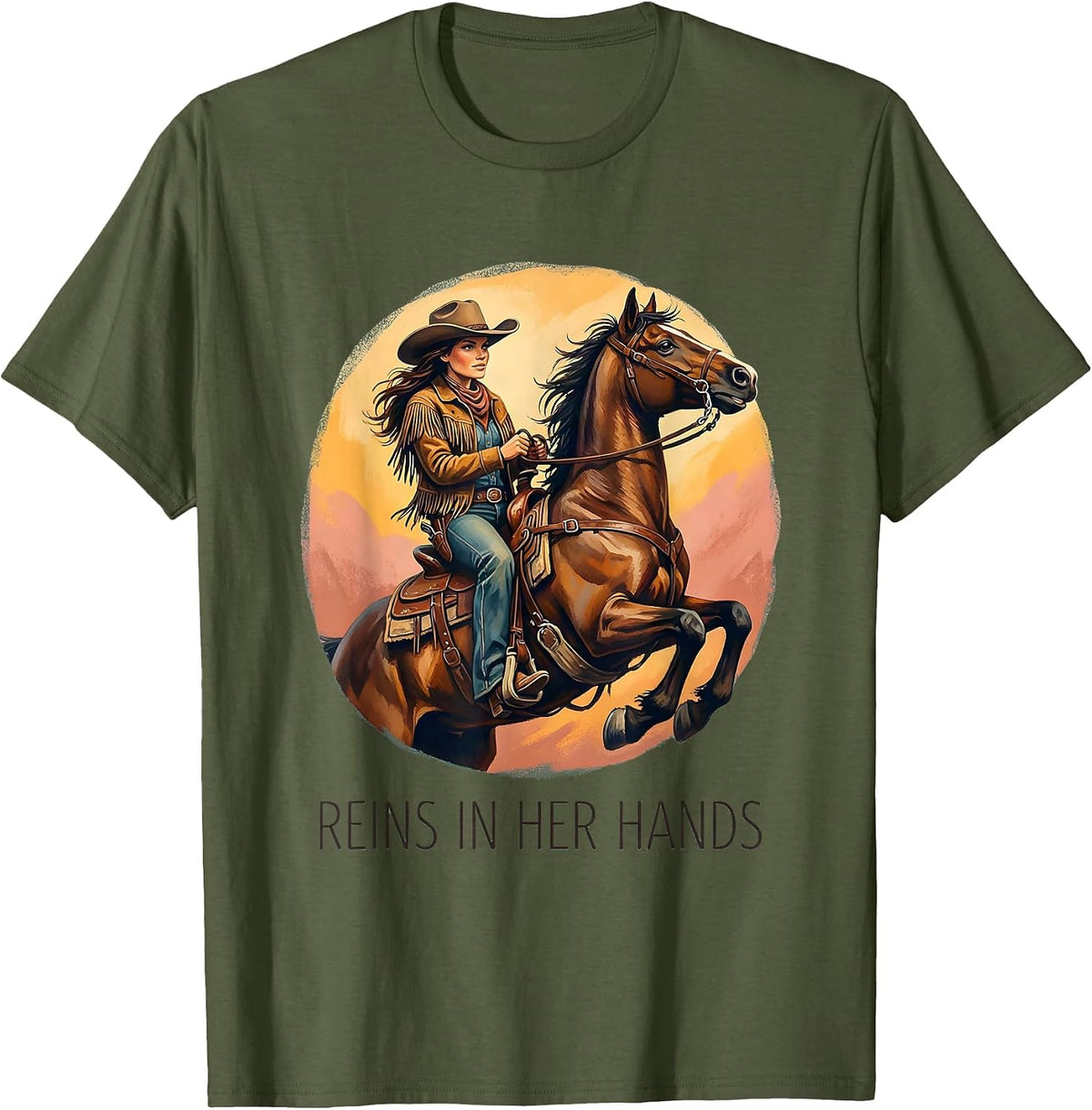 Men's Reins In Her Hands Cowboy Western Design T-Shirt - Olive Green