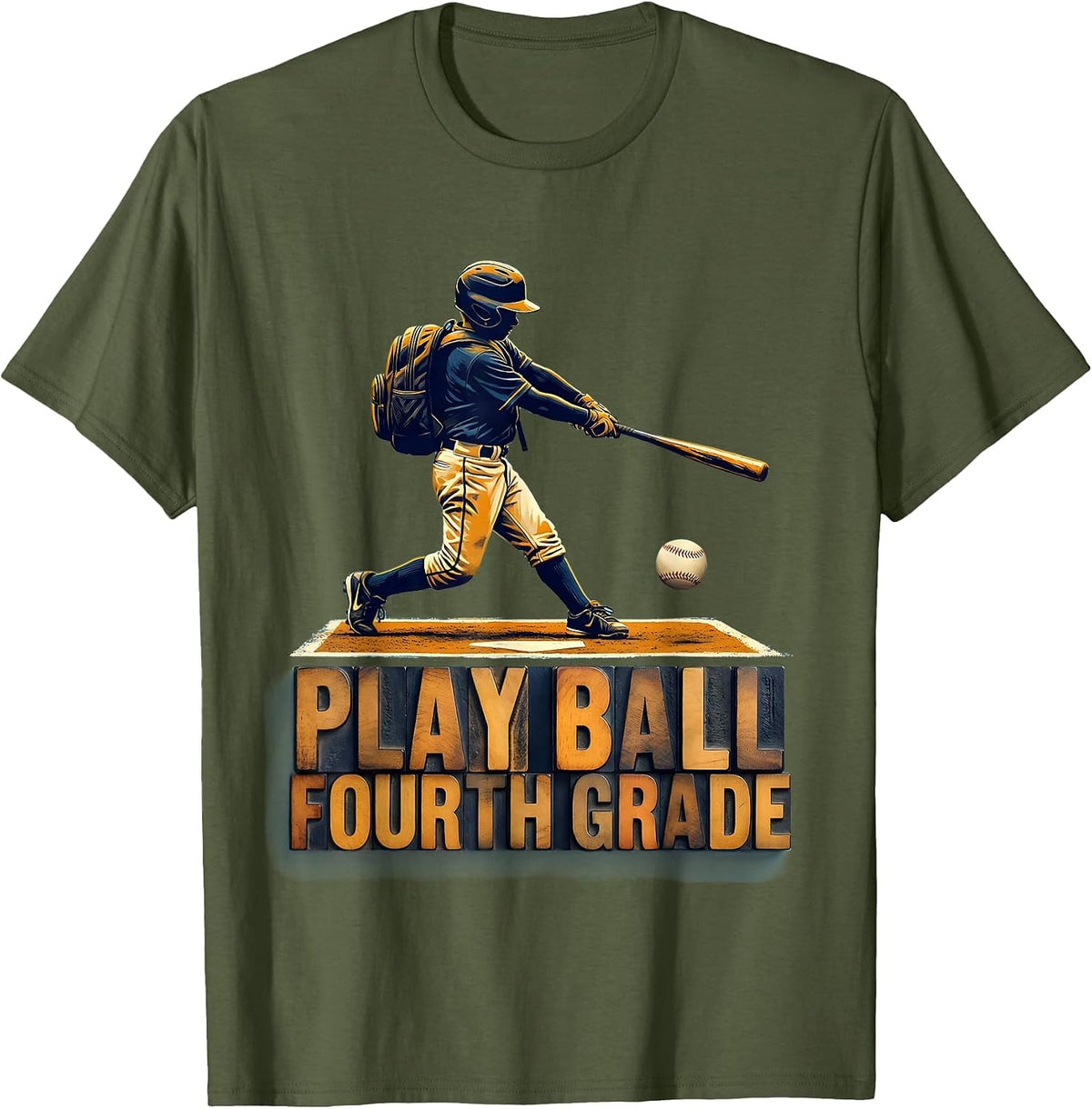 Play Ball Fourth Grade Wood Type Letterpress Back To School T-Shirt - Olive Green