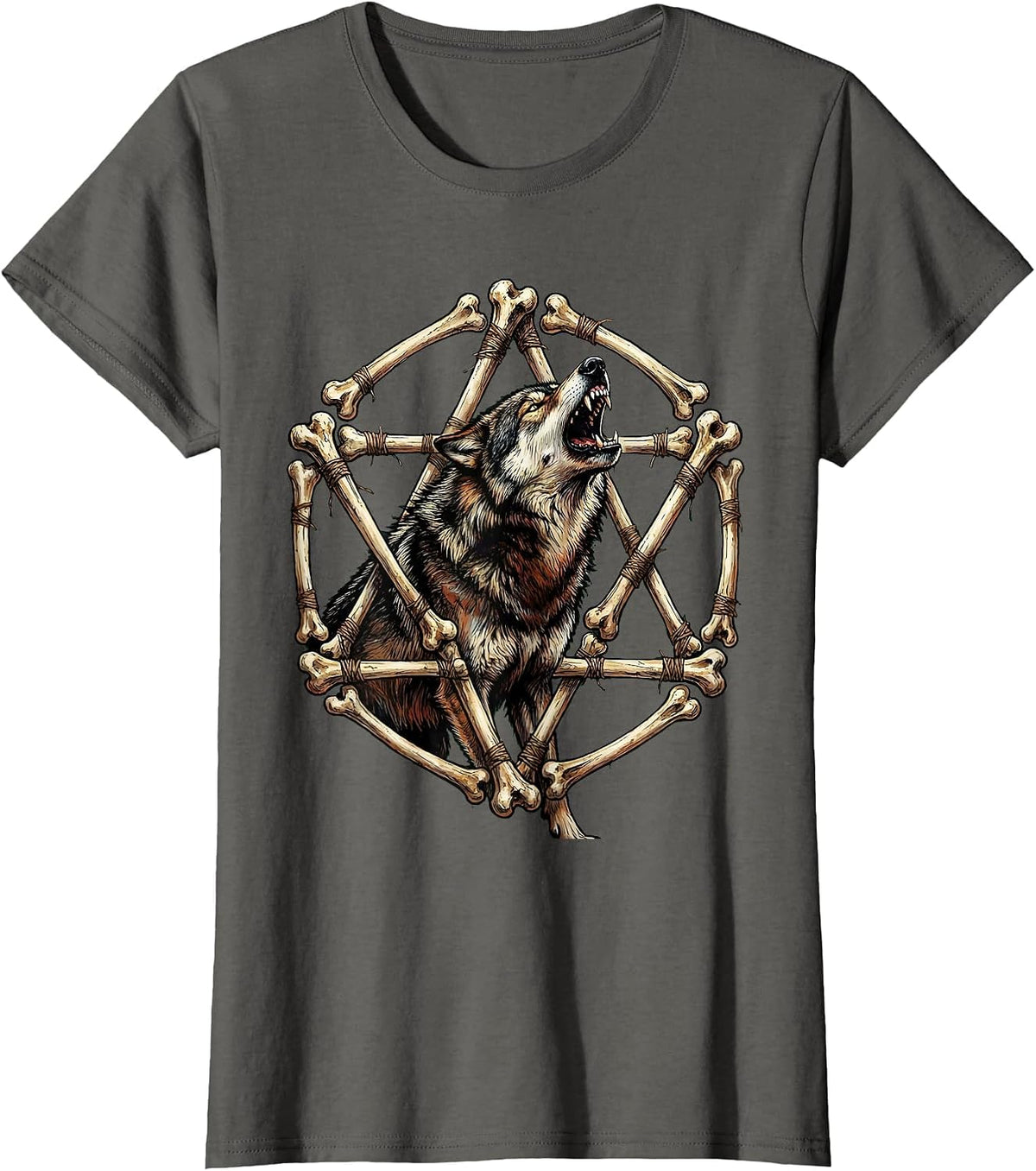 Women's Wolf Howling Pentagram of Bones Heavy Metal Graphic T-Shirt - Asphalt Grey