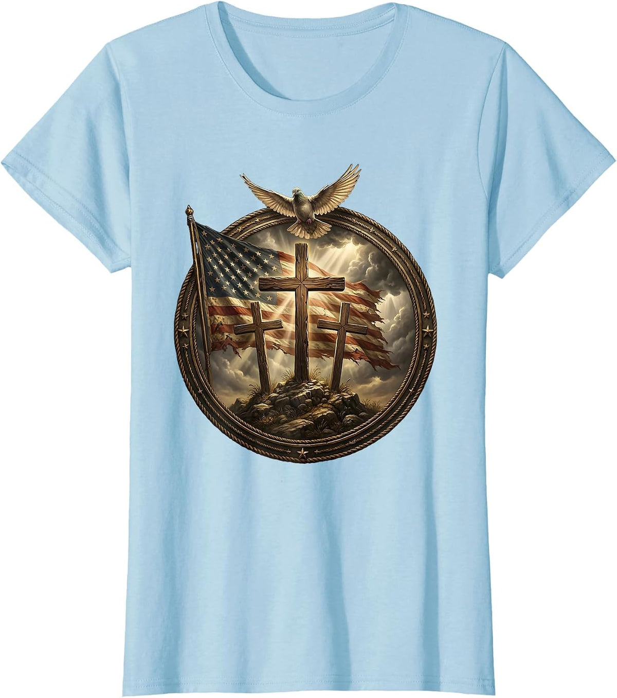 Three Crosses on Hilltop Under Stormy Sky T-Shirt - Baby Blue