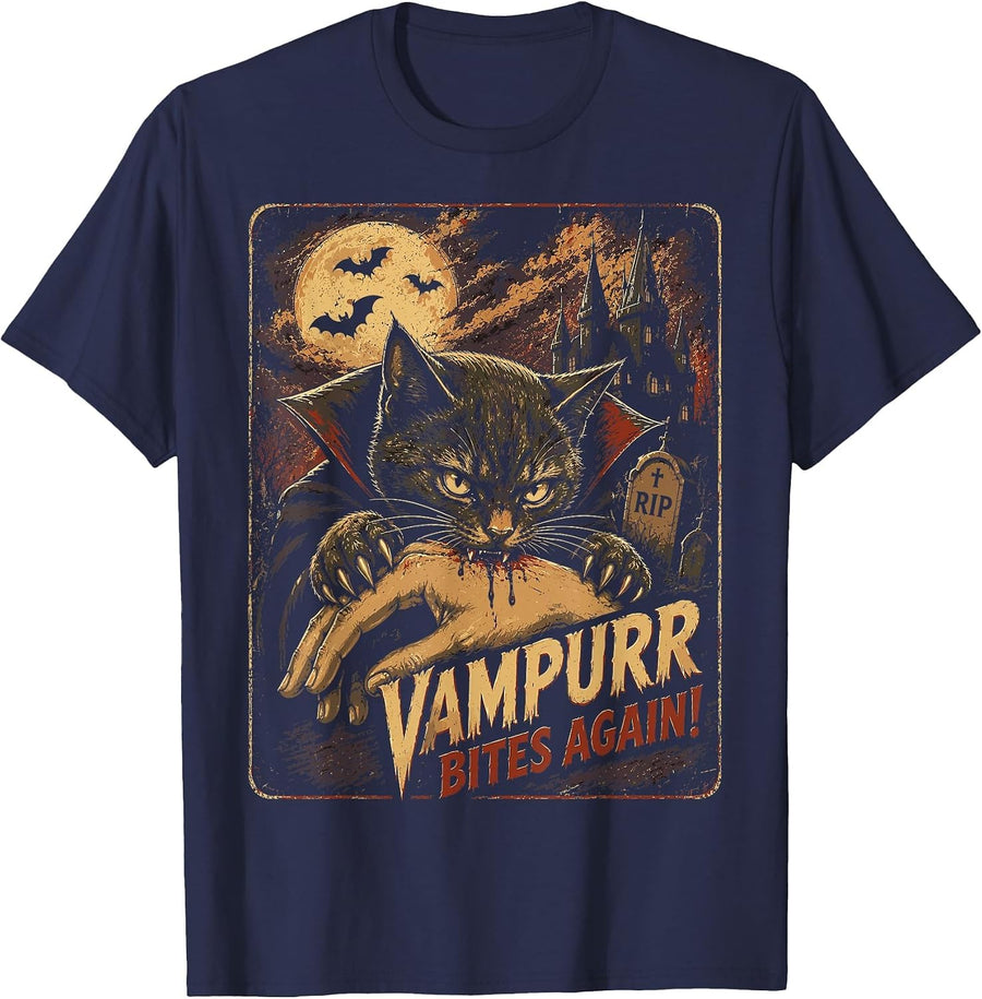 Halloween Comic Cat Vampurr Bites Again Funny Halloween T-Shirt - Navy Blue