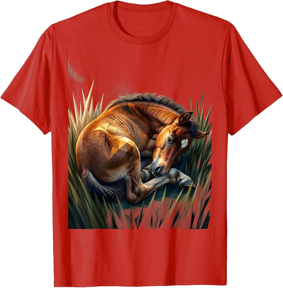 Men's Sleeping Foal in Tall Grass Horse Lover Design T-Shirt - Red