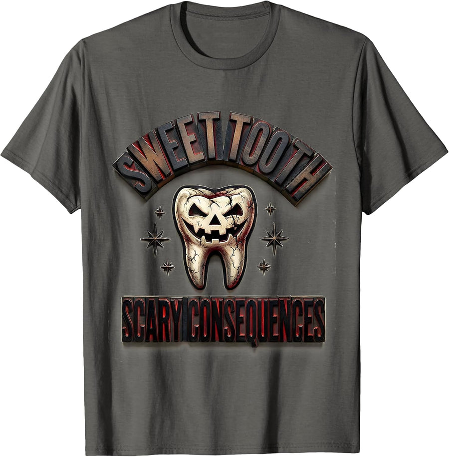 Sweet Tooth Scary Consequences Dental Halloween T-Shirt - Asphalt Grey