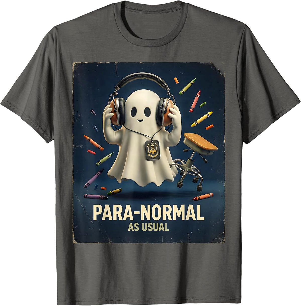 Para-Normal, As Usual Vintage Ghost Teacher's Aide Halloween T-Shirt - Asphalt Grey