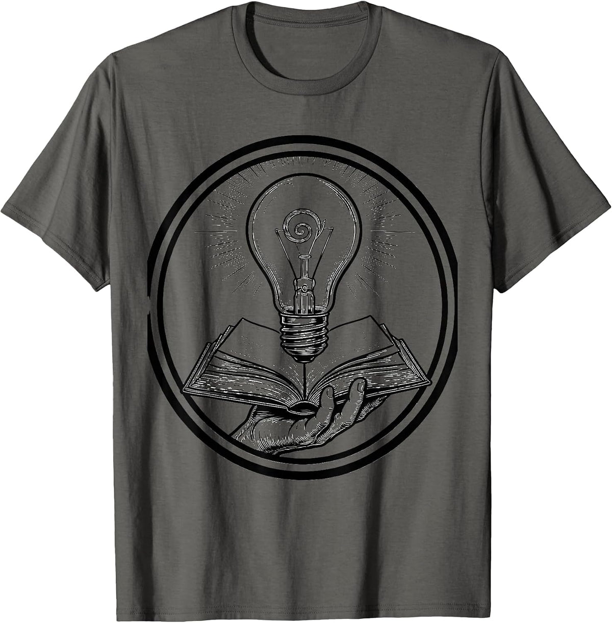 Reading Teacher Lightbulb Book Illustration T-Shirt - Asphalt Grey