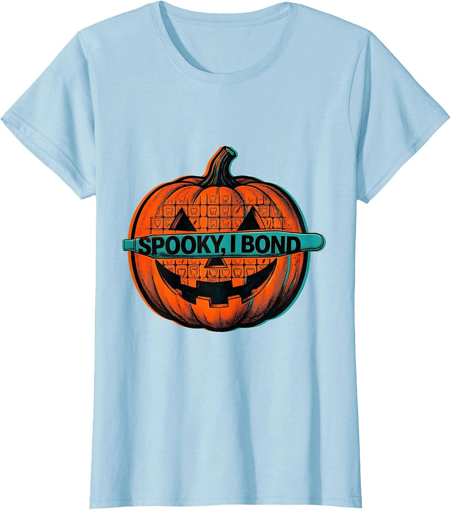 Women's Spooky, I Bond Risograph Dental Hygienist Halloween Humor T-Shirt - Baby Blue
