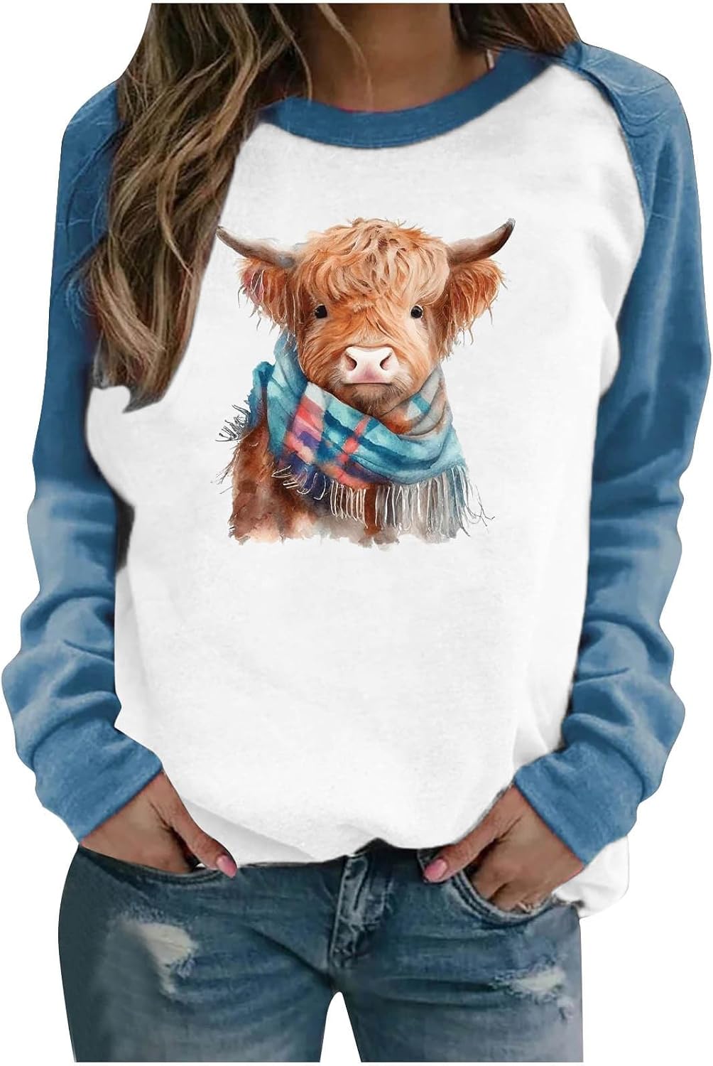 Womens Highland Cow Shirts Cute Animal Graphic Farm Pullover Sweatshirt Western Cowgirl Long Sleeve Casual Tops - Blue