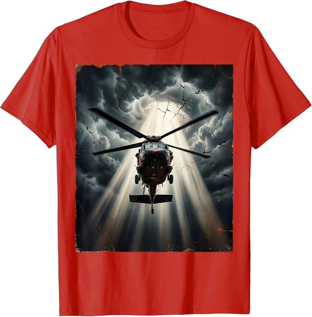 Men's Helicopter Spotlight Through Dark Stormy Clouds T-Shirt - Red