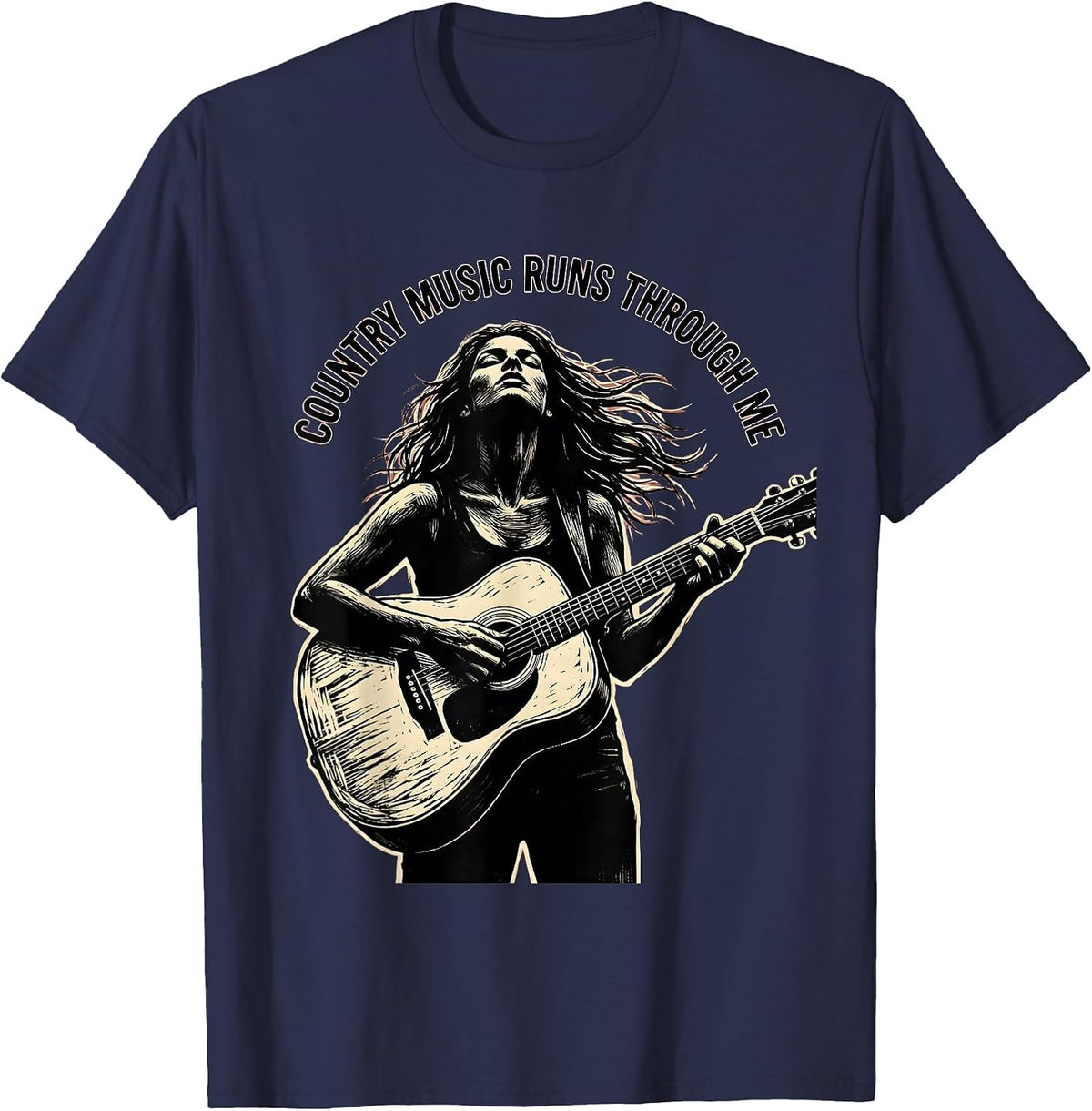 Men's Country Music Runs Through Me Graphic Design T-Shirt - Navy Blue