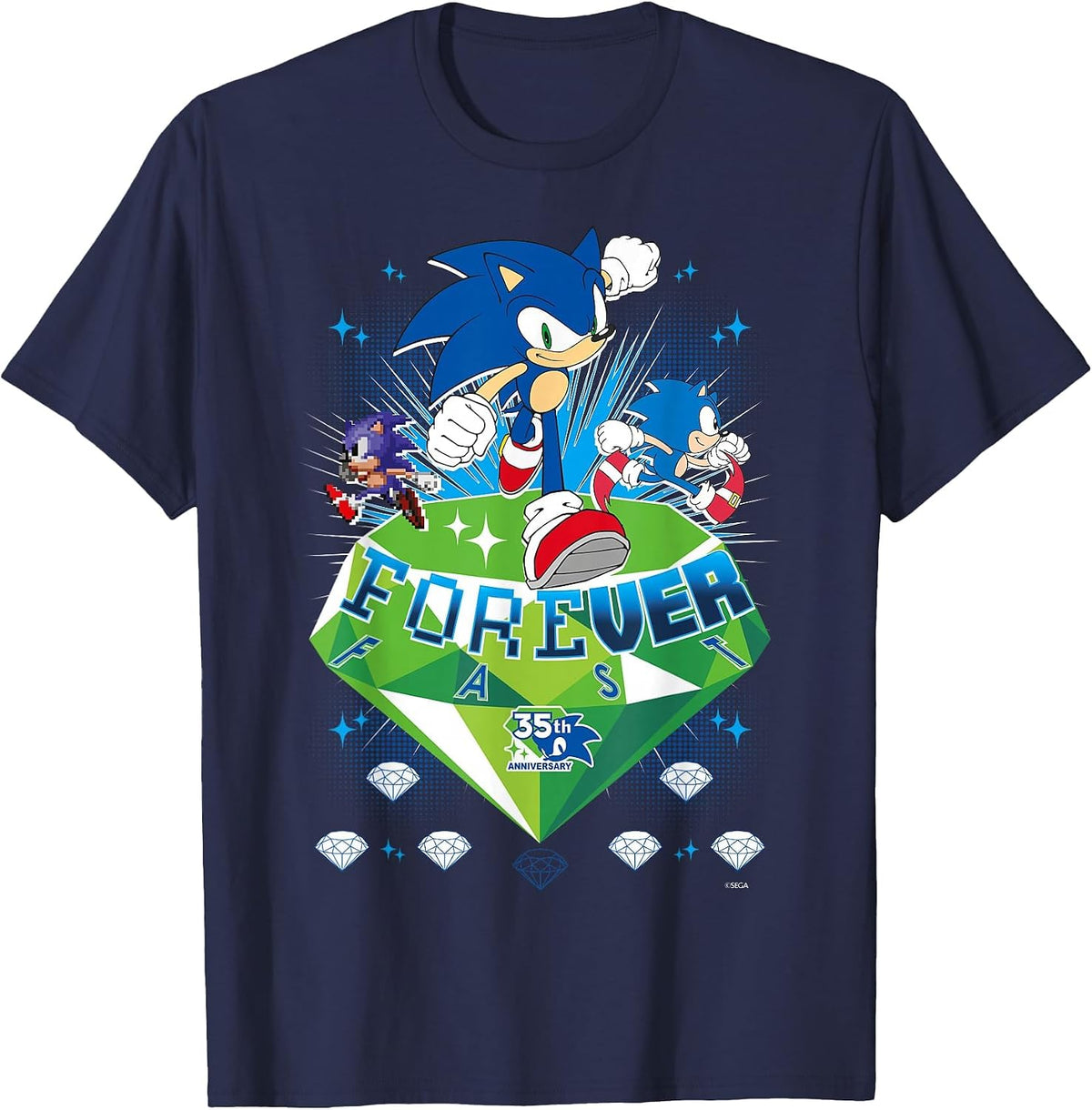 Sonic the Hedgehog 35th Anniversary Forever Fast Emerald Run T-Shirt - Navy Blue