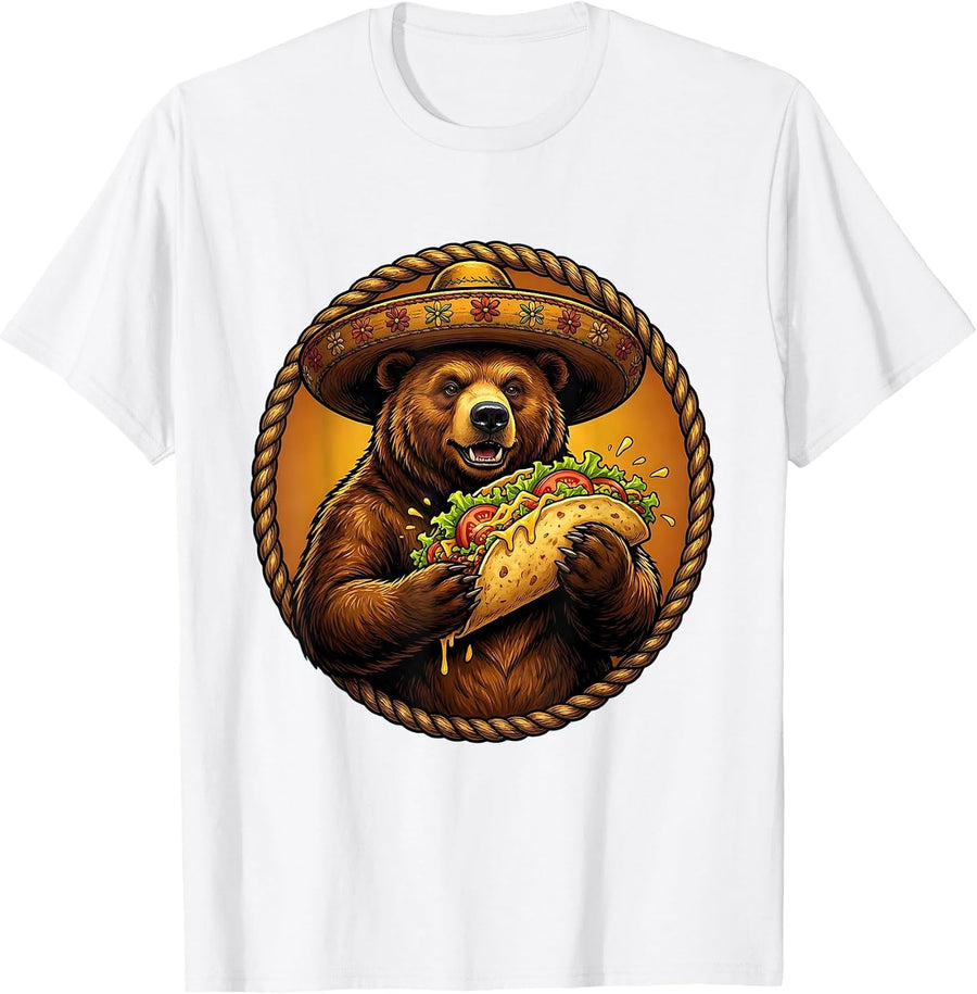 Men's Fiesta Bear Sombrero Taco Lover Graphic Tee T-Shirt - White