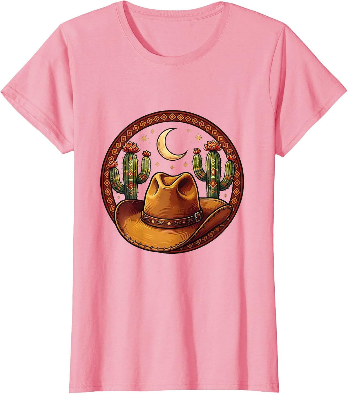 Women's Cowgirl Hat Cactus Crescent Moon Western Design T-Shirt - Pink