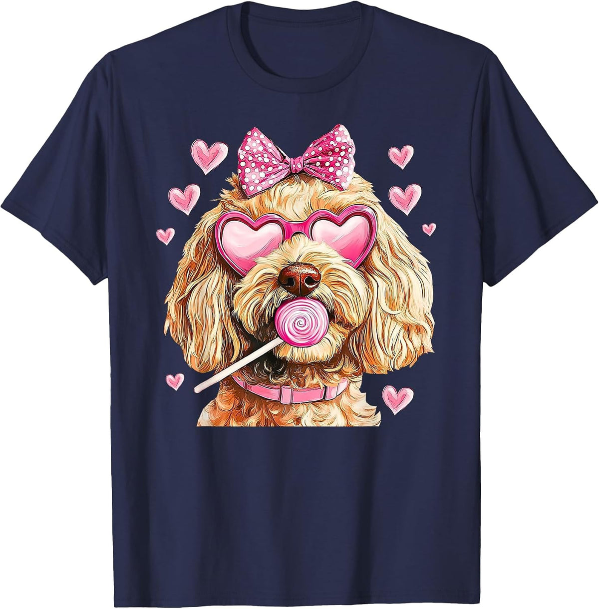 Cute Goldendoodle Wearing Glasses Heart Puppy Valentines Bow T-Shirt - Navy Blue