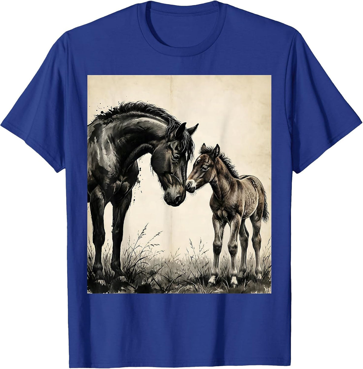 Mare and Foal Nuzzling Meadow Horse Lover Design T-Shirt - Royal Blue