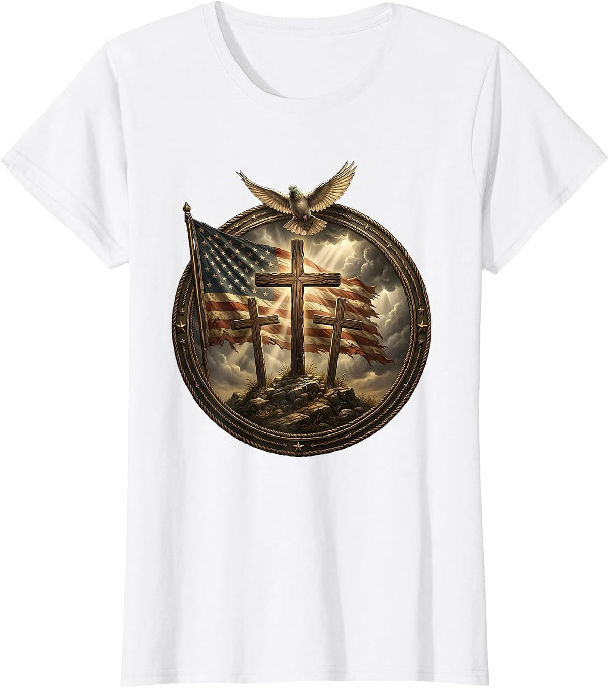 Three Crosses on Hilltop Under Stormy Sky T-Shirt - White