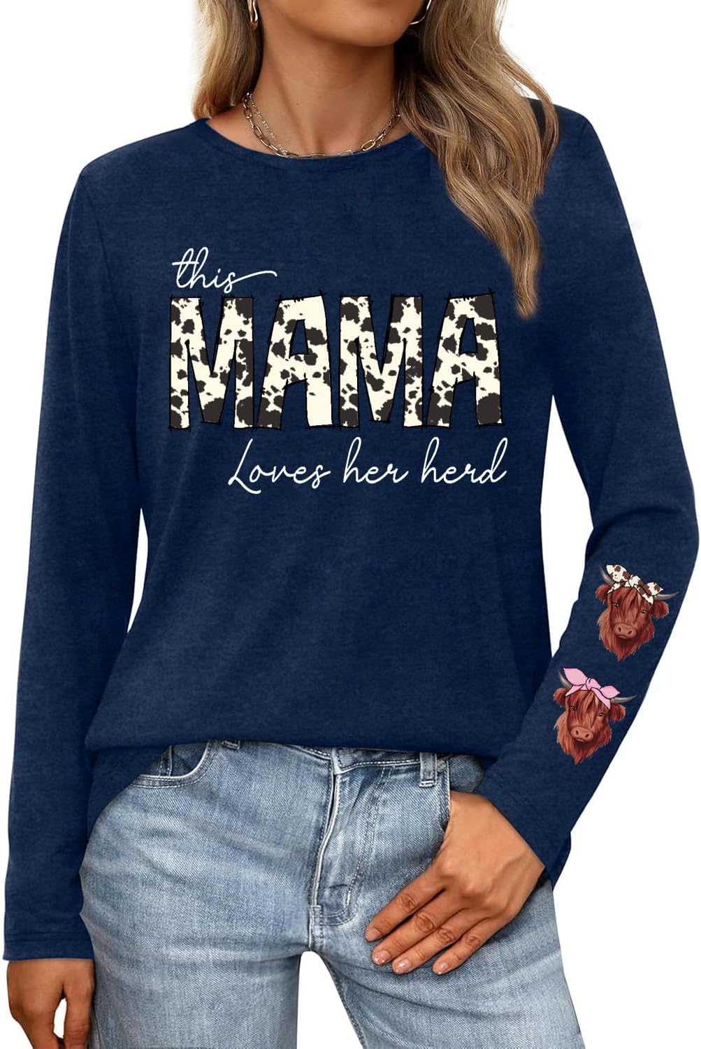 Women's Mama Shirt Mom Long Sleeves Tee Tops - Blue