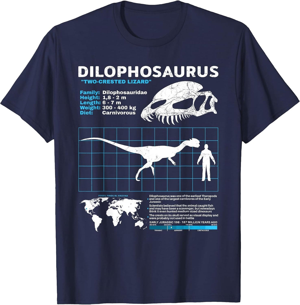 Dilophosaurus fact Sheet Dinosaur Facts T-Shirt - Navy Blue