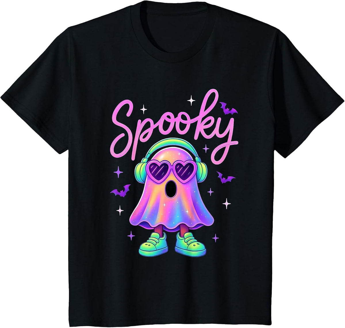 Cute Neon-Style Ghost Halloween Funny Spooky Season T-Shirt - Black