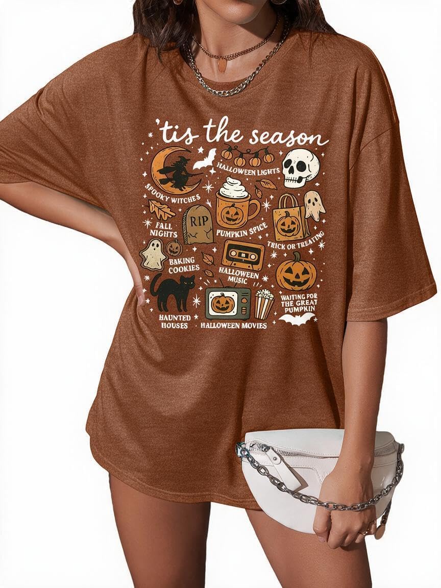 Oversized Halloween Shirts for Women Spooky Season Ghost Graphic T-Shirt - Brown02