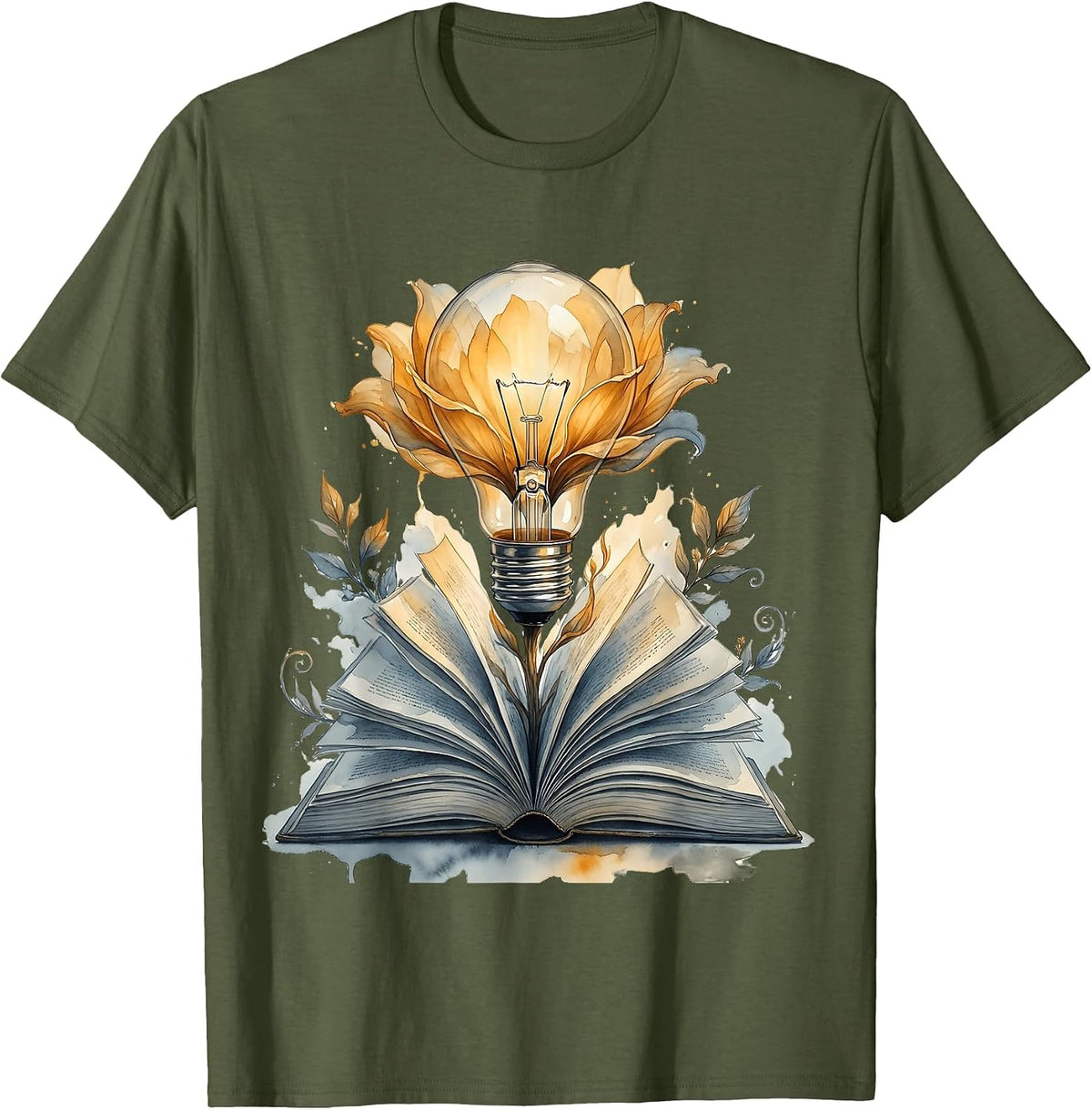 Reading Teacher Lightbulb Book Bloom Illustration T-Shirt - Olive Green