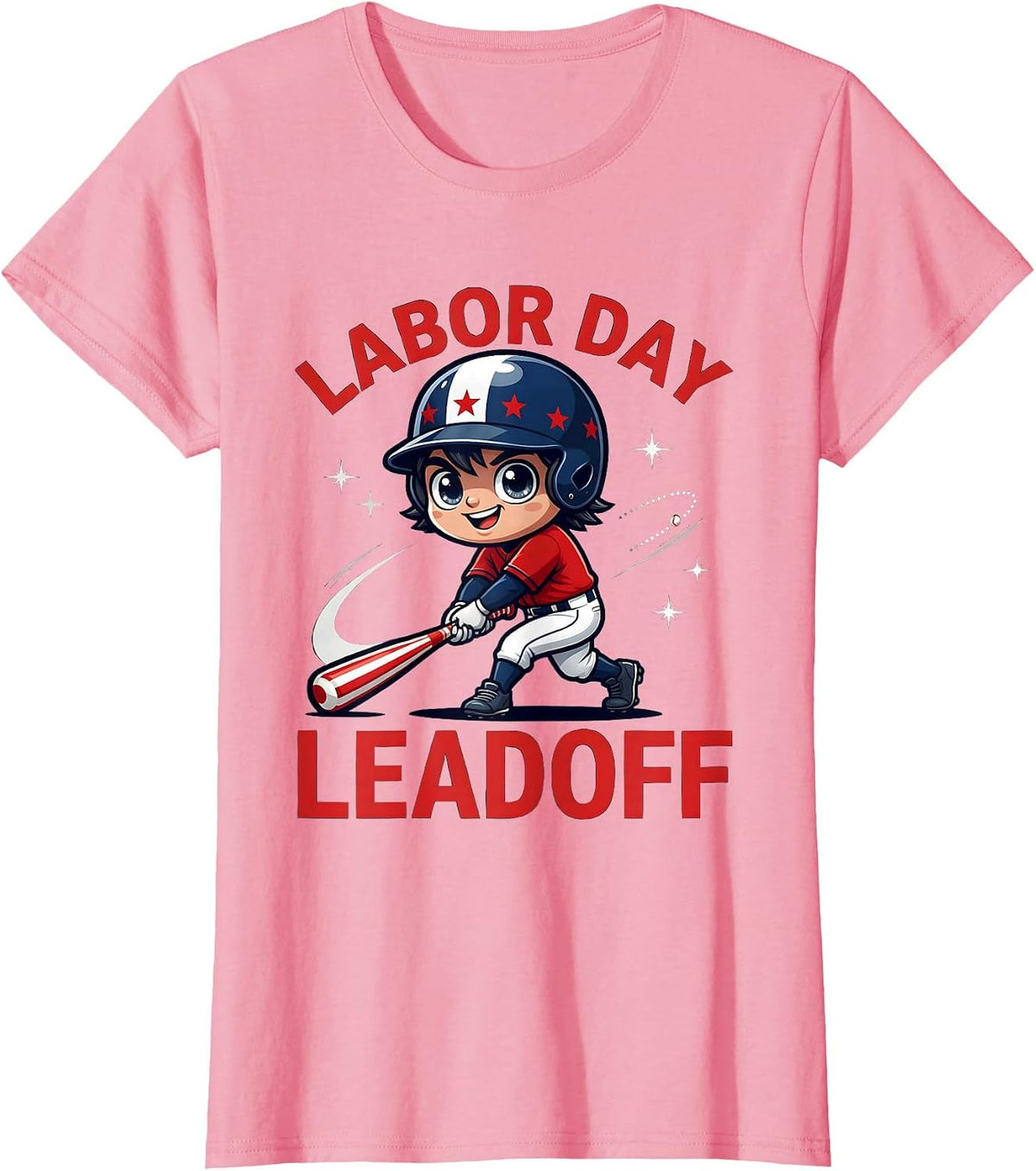 Women's LABOR DAY LEADOFF Cartoon Baseball Player Labor Day T-Shirt - Pink