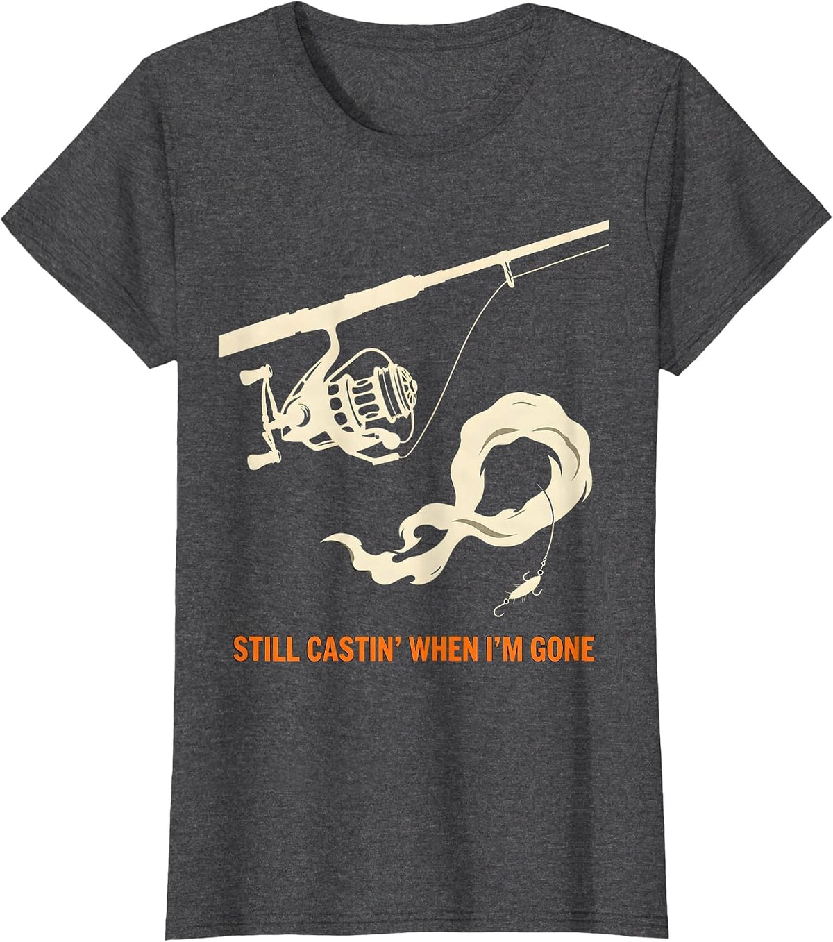 Women's Still Castin When I'm Gone Spooky Skeleton Halloween Fishing T-Shirt - Dark Heather Grey
