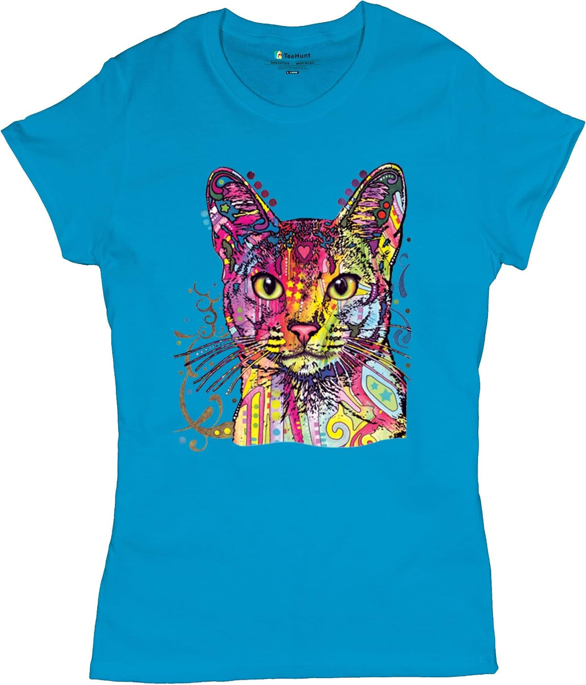 Dean Russo Abyssinian Cat T-Shirt Neon Colorful Cute Kitten Women's Tee - Light Blue