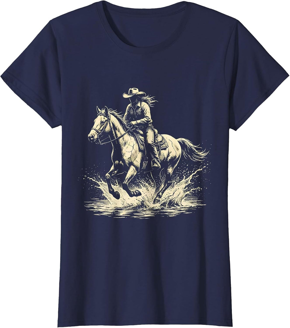 Women's Cowgirl Riding Horse Through River Illustration T-Shirt - Navy Blue