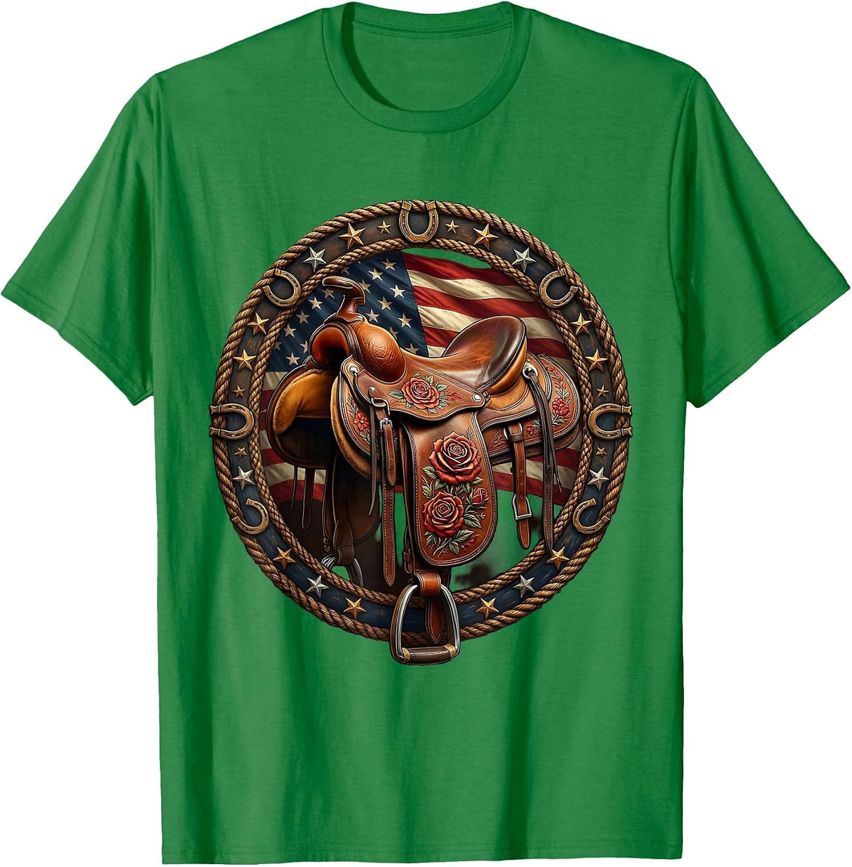 Men's Floral Stitched Leather Saddle Cowgirl Design T-Shirt - Kelly Green