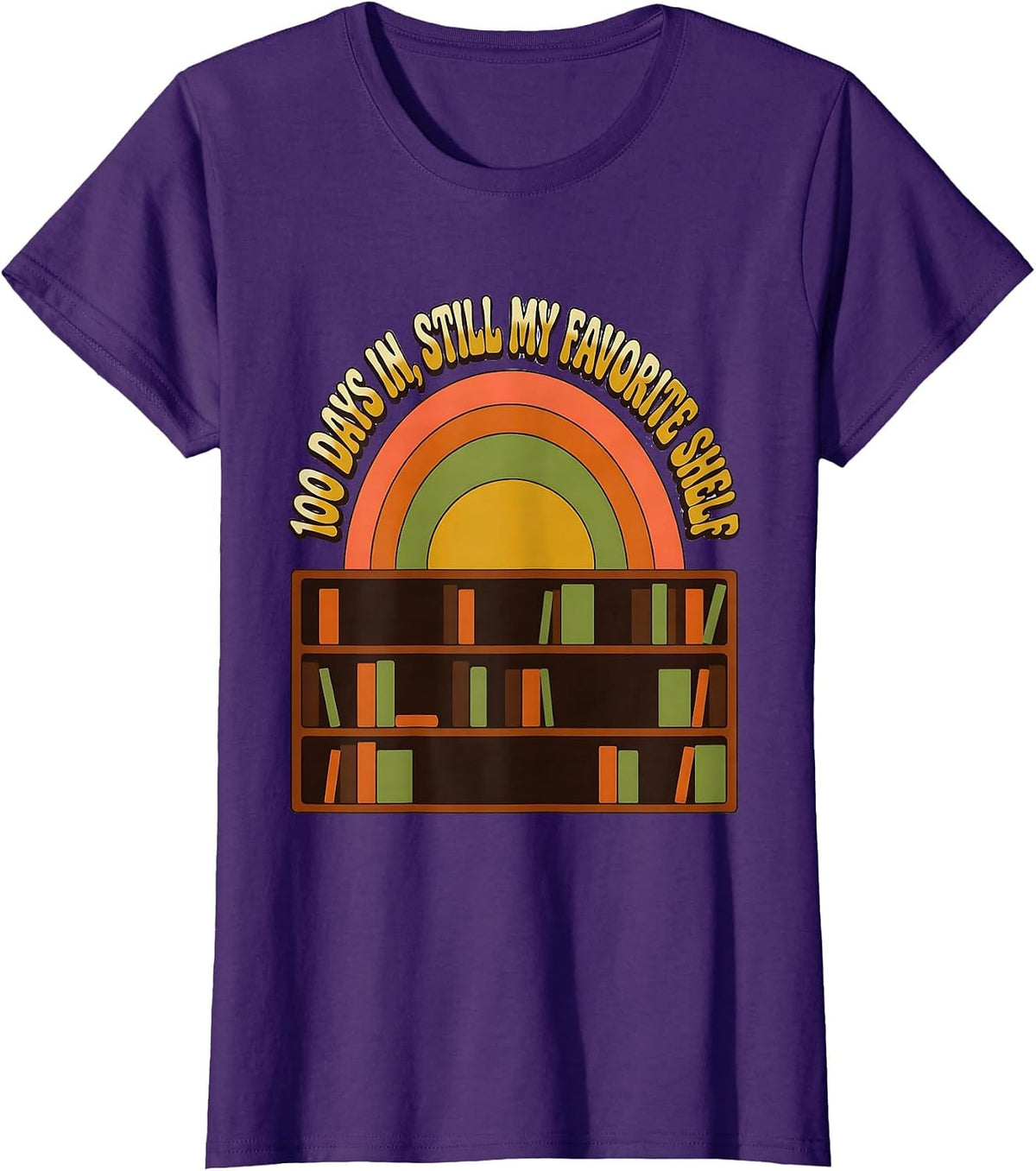 Women's 100 Days In Still My Favorite Shelf Retro 70s Teacher T-Shirt - Purple