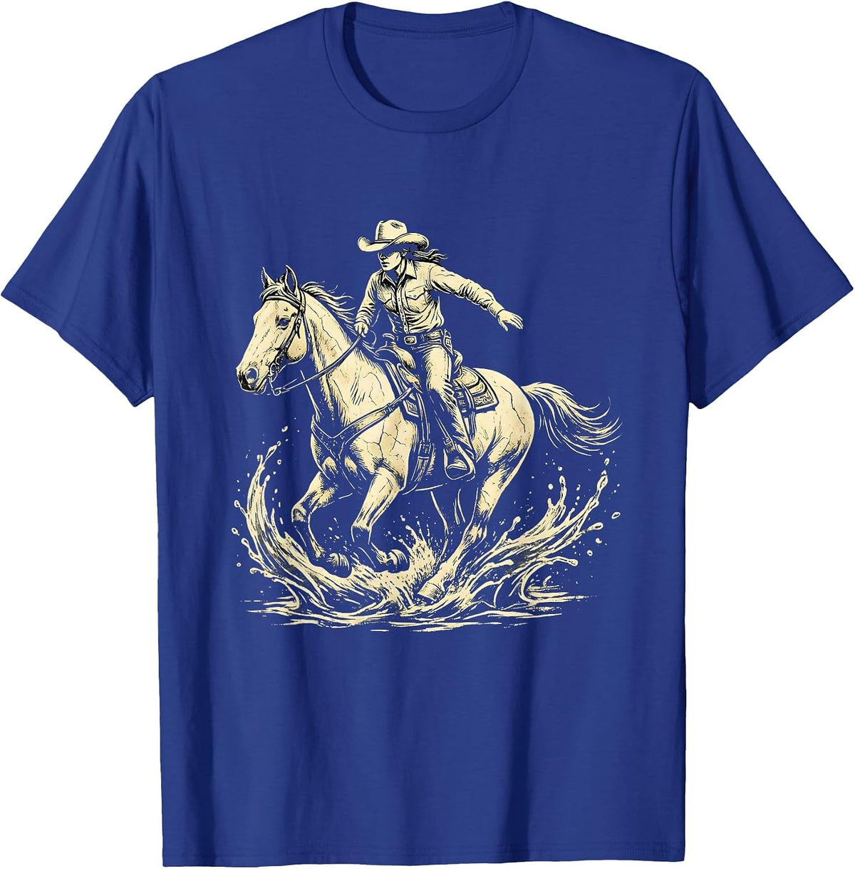 Cowgirl Riding Horse Through River Splash T-Shirt - Royal Blue