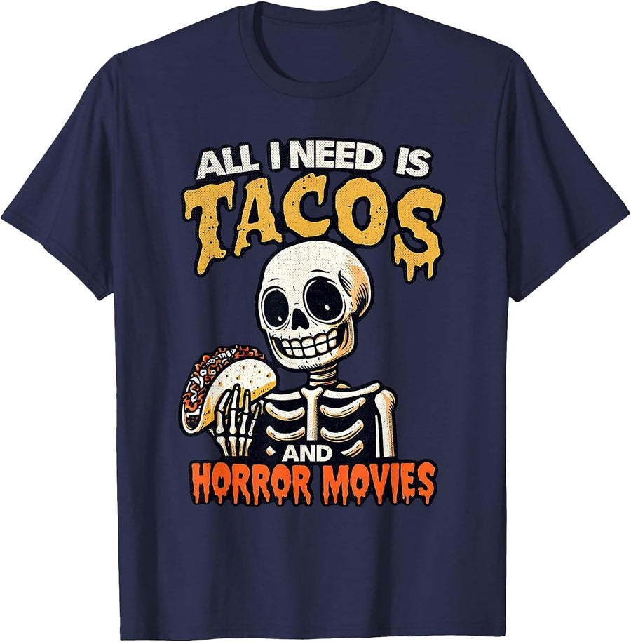 Skeleton All I Need is Tacos and Horror Movies Cinco De Mayo T-Shirt - Navy Blue