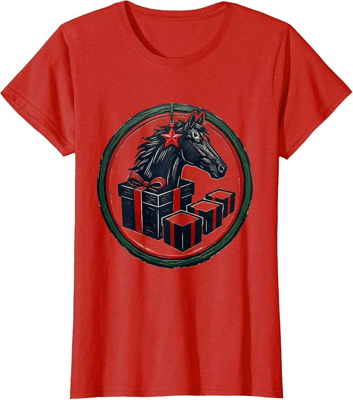 Sealed Horse Badge Gift Box Linocut Equestrian Pajama Humor T-Shirt - Red