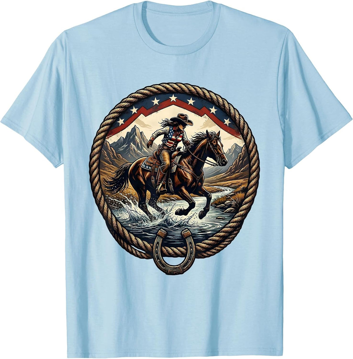 Men's Cowgirl Riding Horse Through Mountain River T-Shirt - Baby Blue