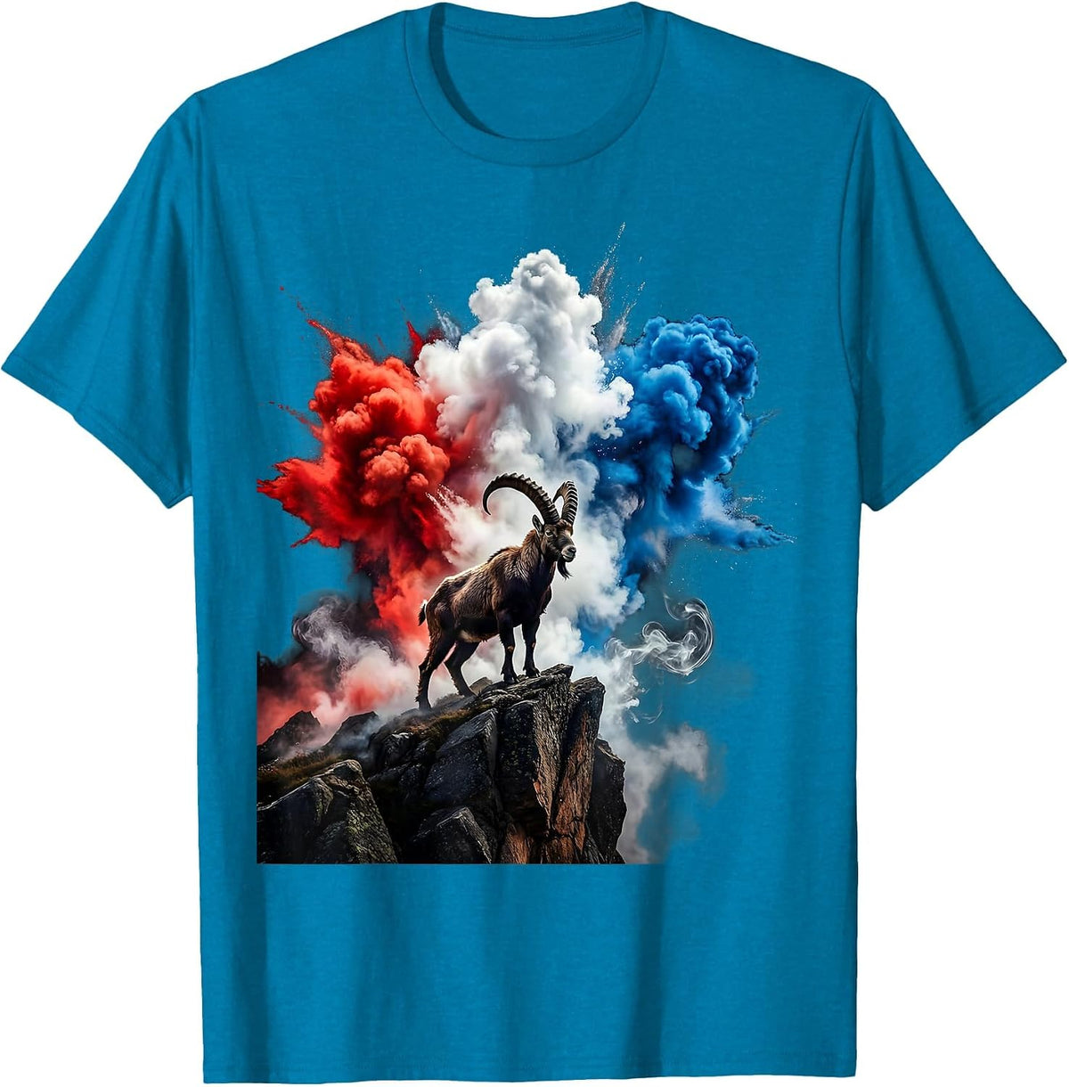Red White and Blue Mountain Goat Rocky Cliff T-Shirt - Sapphire Blue