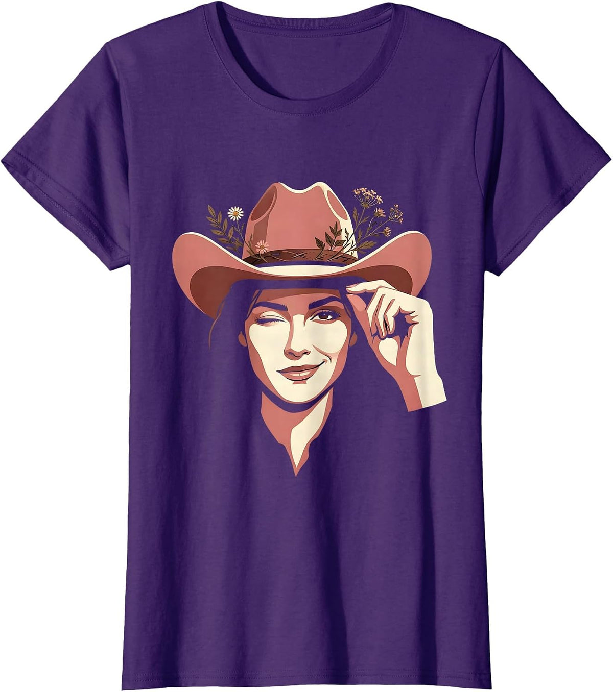 Women's Cowgirl Hat Tip Wink Western Graphic Tee T-Shirt - Purple