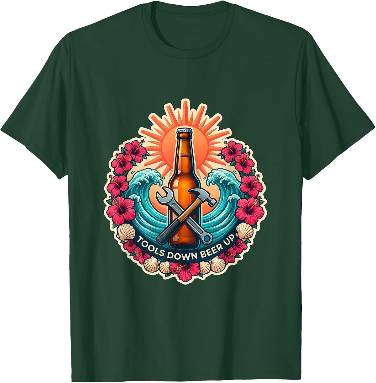 Men's Tools Down Beer Up Blue Collar Worker Design T-Shirt - Dark Green