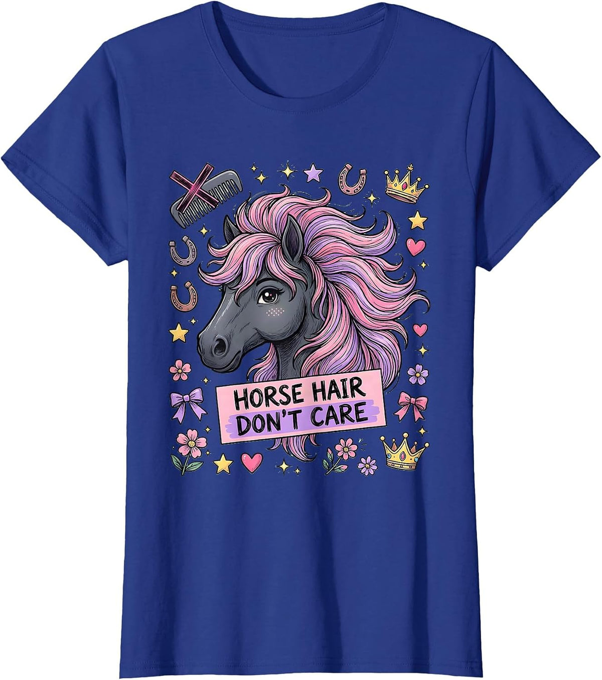 Women's Horse Hair Don't Care Funny Horse Lover Design T-Shirt - Royal Blue