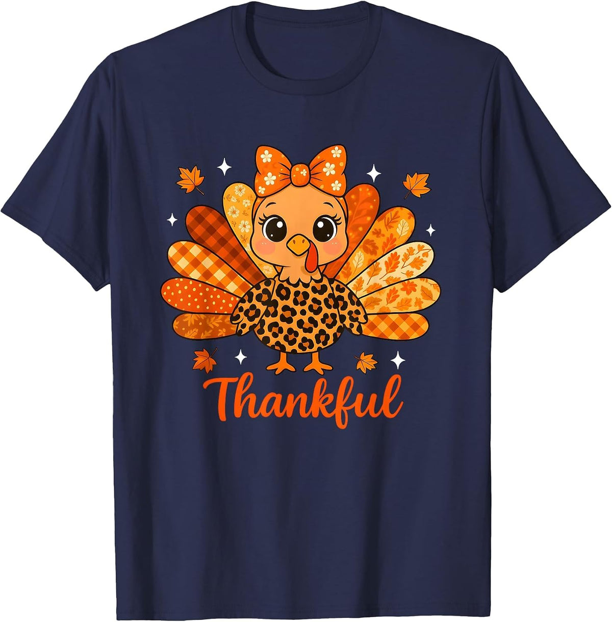 Turkey Leopard Thankful Coquette Bow Thanksgiving Fall Y'all T-Shirt - Navy Blue