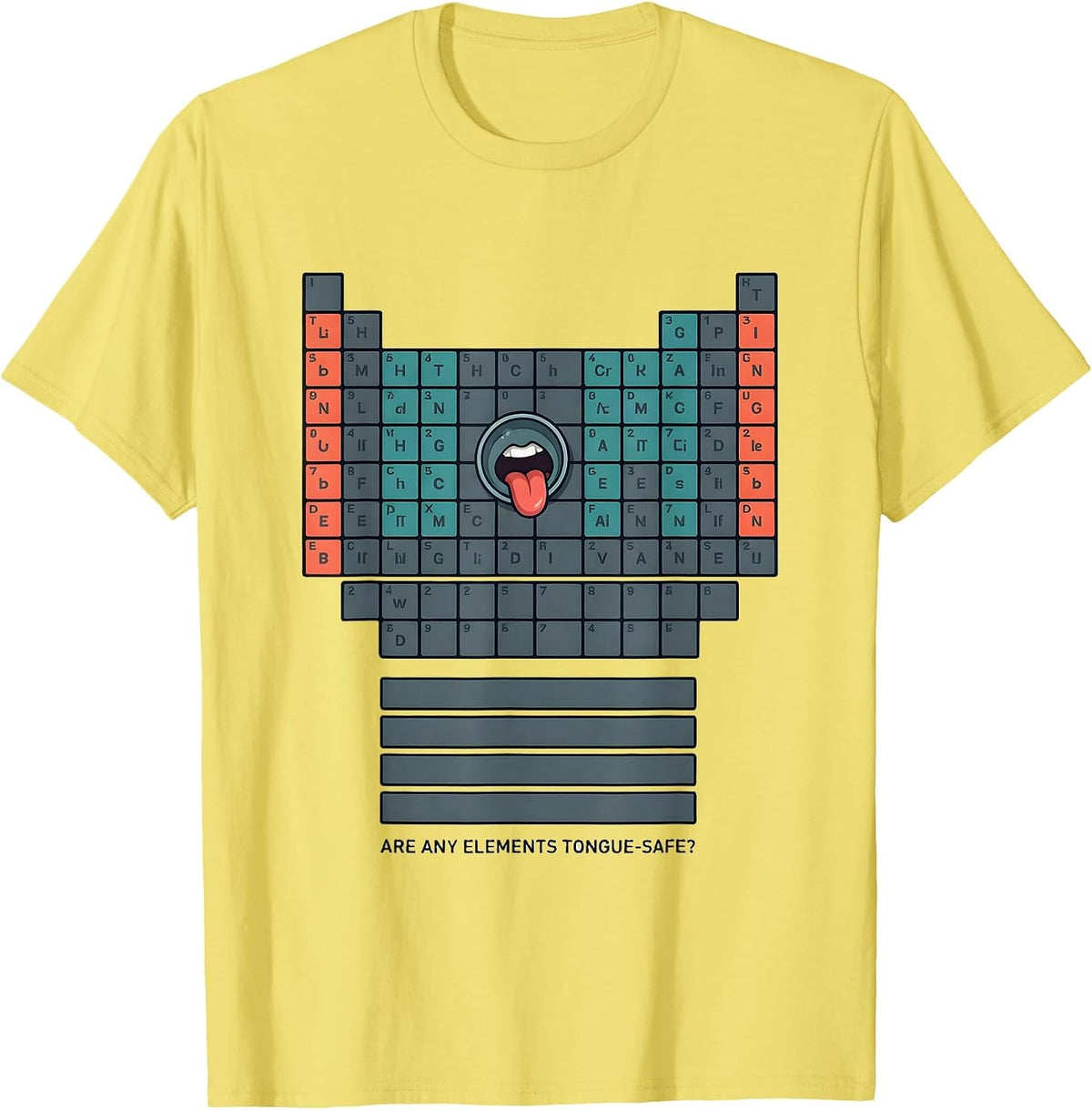 Men's Are Any Elements Tongue-Safe? Funny Periodic Table Science T-Shirt - Lemon Yellow