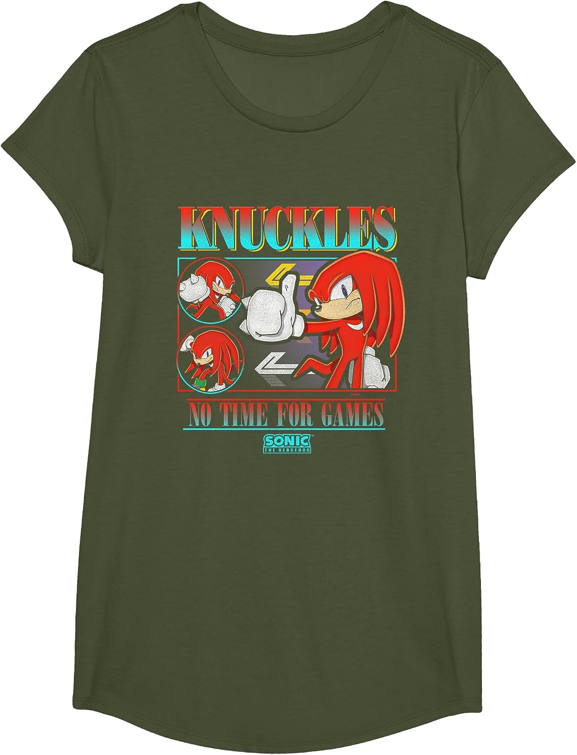 Sonic The Hedgehog Knuckles No Time for Games Vintage T-Shirt - Girls Olive Green