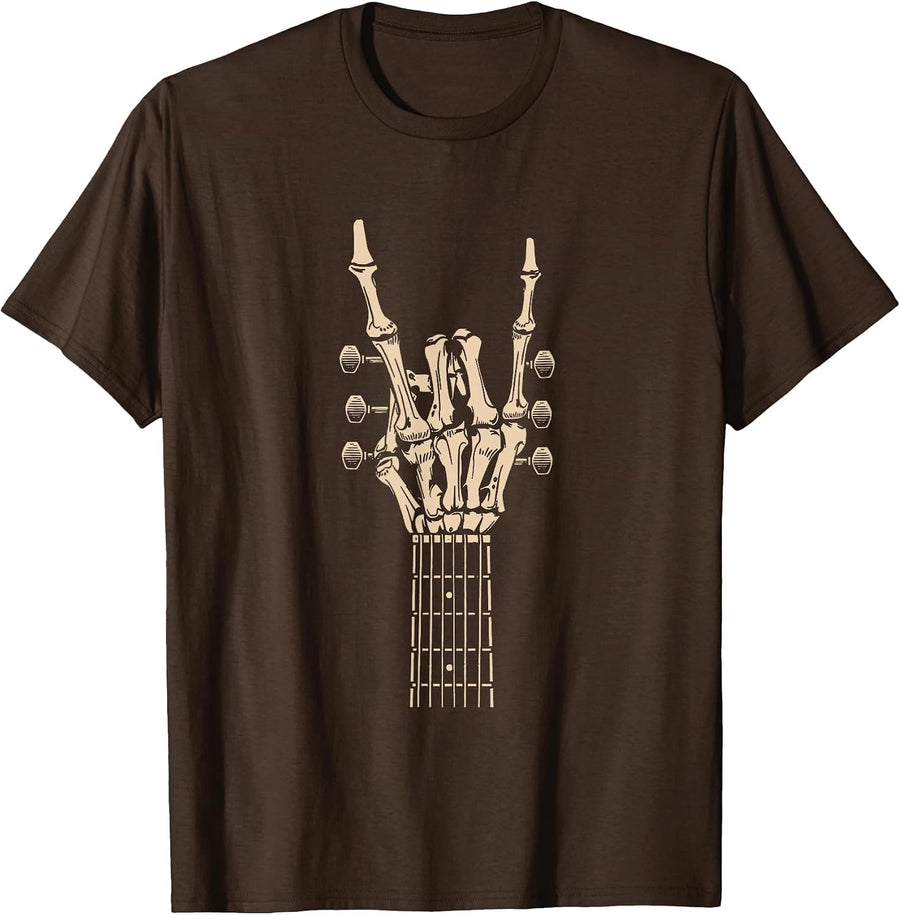 Rock Guitar Skeleton Hand Halloween Guitarist Spooky Season T-Shirt - Brown