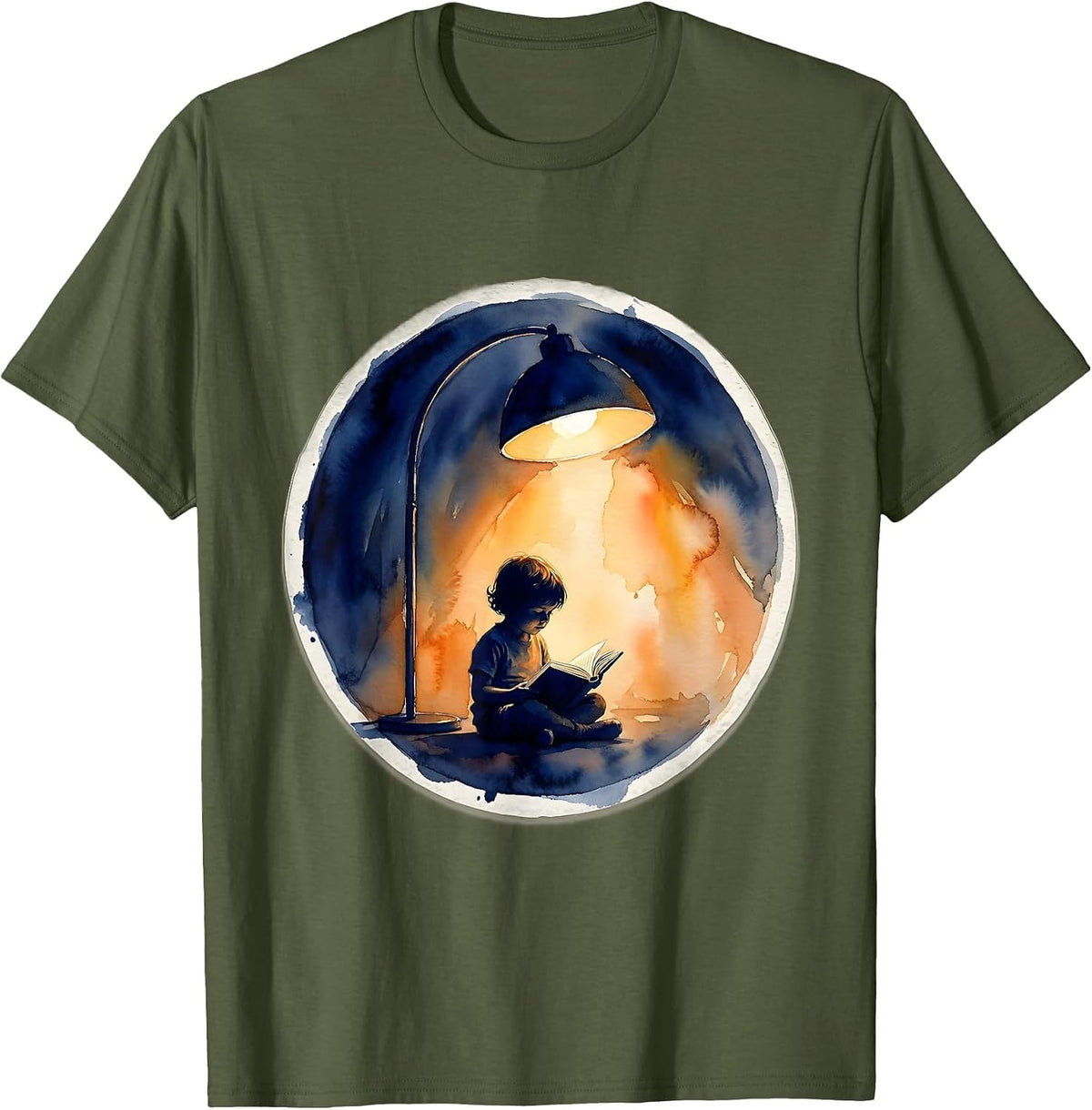 Reading Teacher Child Silhouette Giant Lamp Design T-Shirt - Olive Green