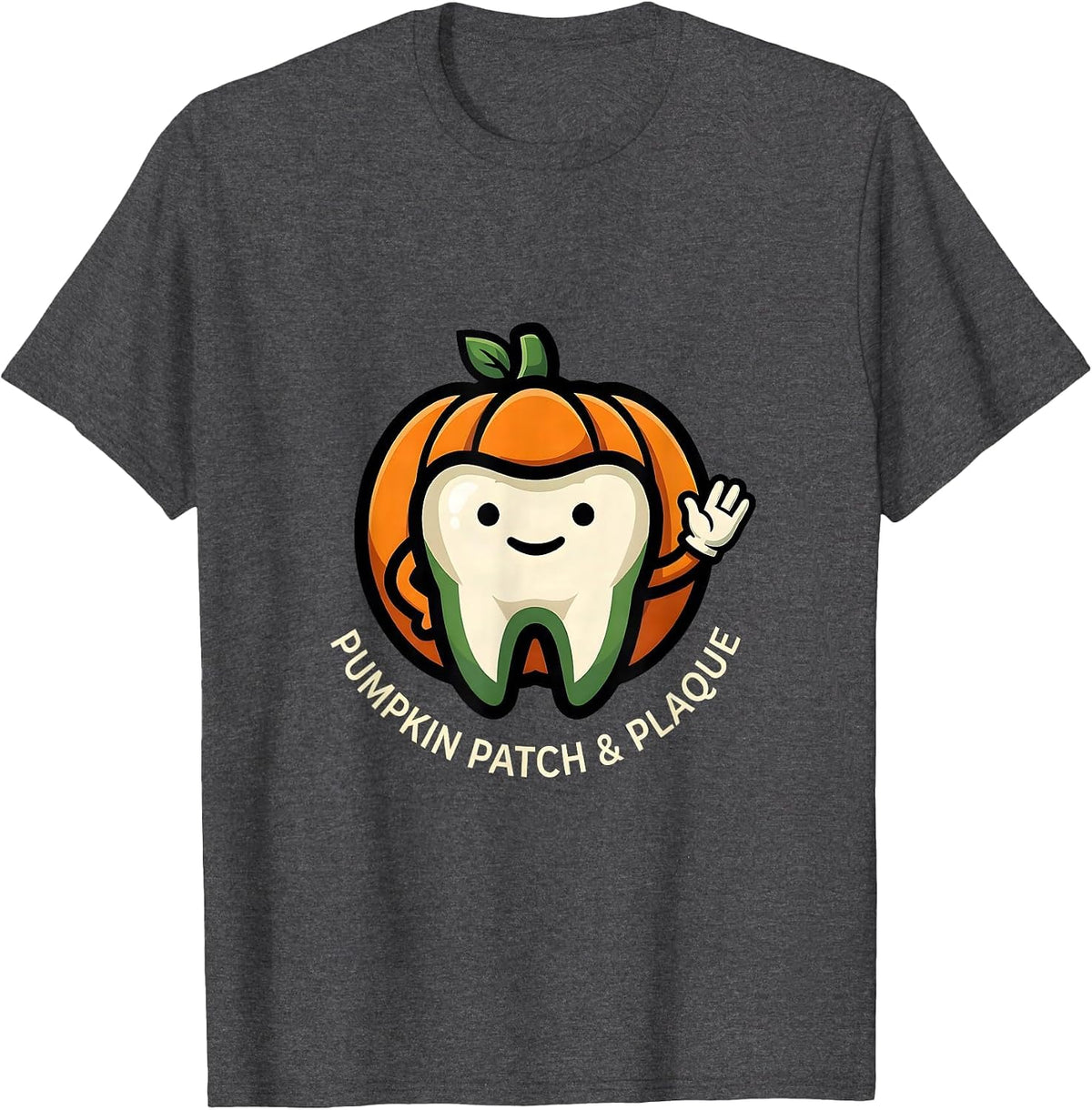 Pumpkin Patch & Plaque Funny Dental Hygienist Halloween T-Shirt - Dark Heather Grey