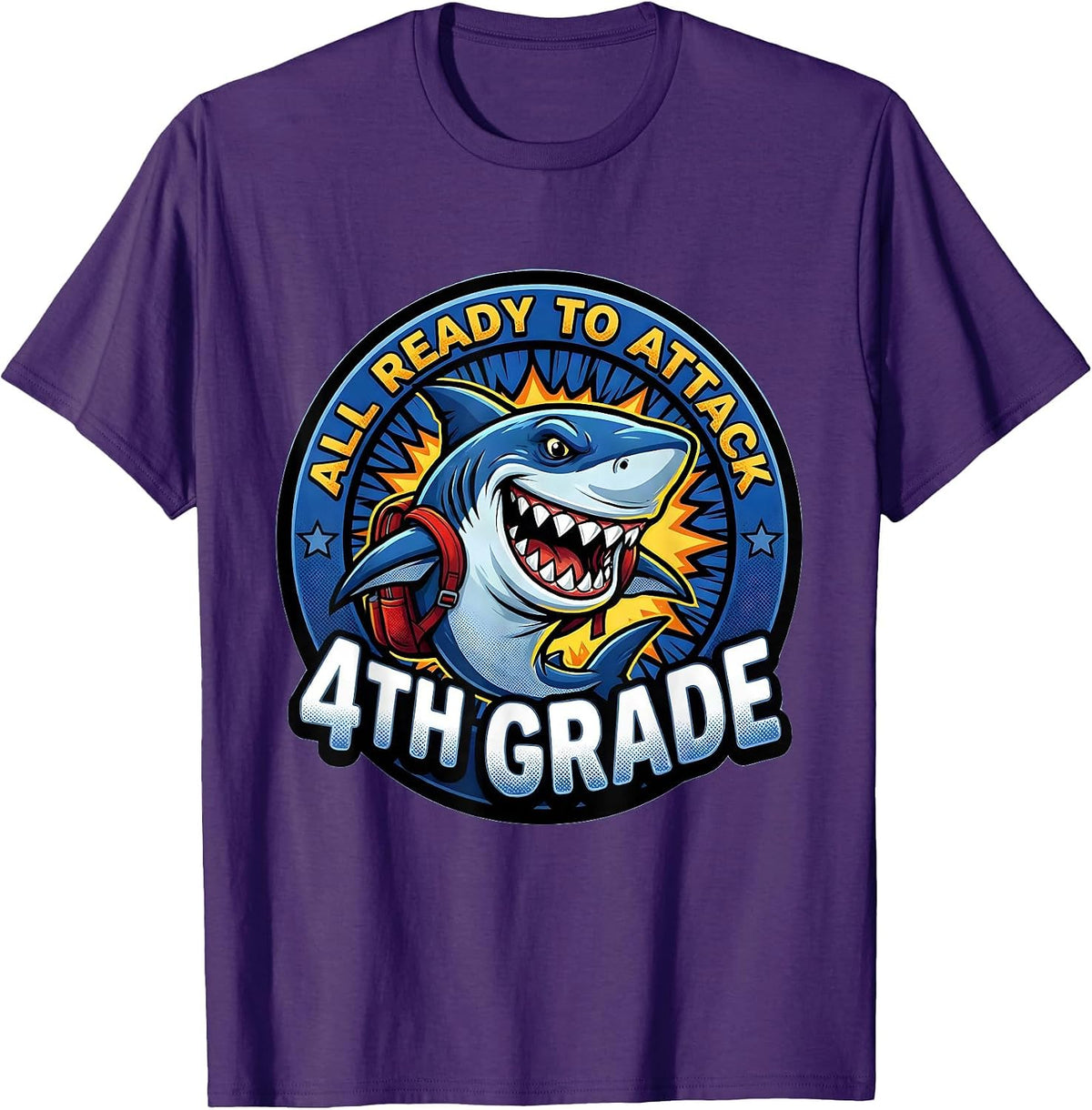 Men's All Ready To Attack 4th Grade Comic Book Shark Boys First T-Shirt - Purple