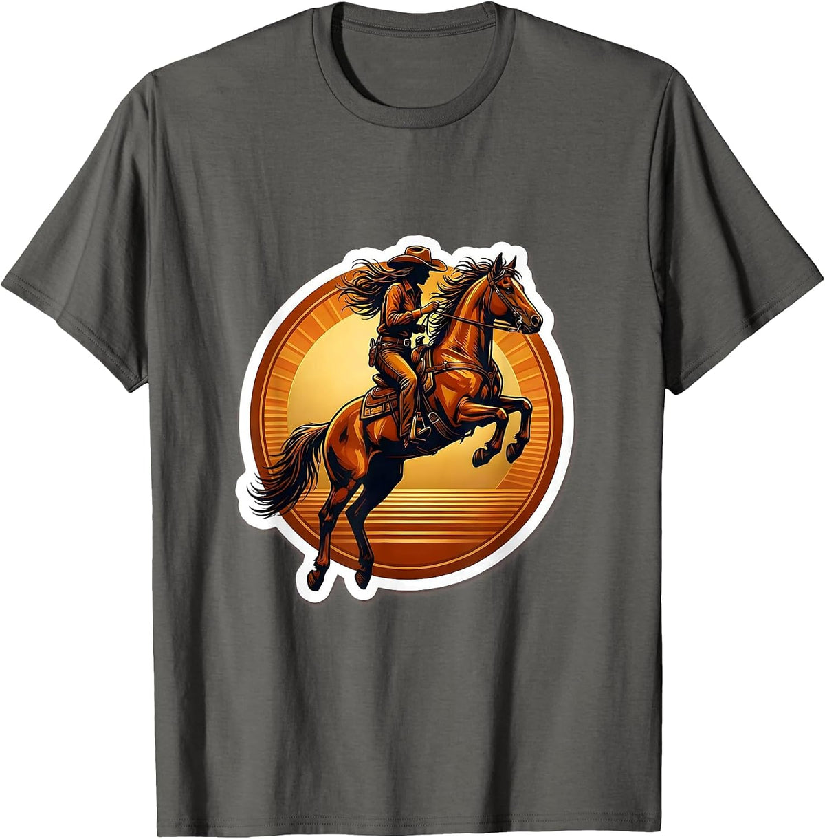 Cowboy Rider and Horse Mid-Jump Sunset Design T-Shirt - Asphalt Grey