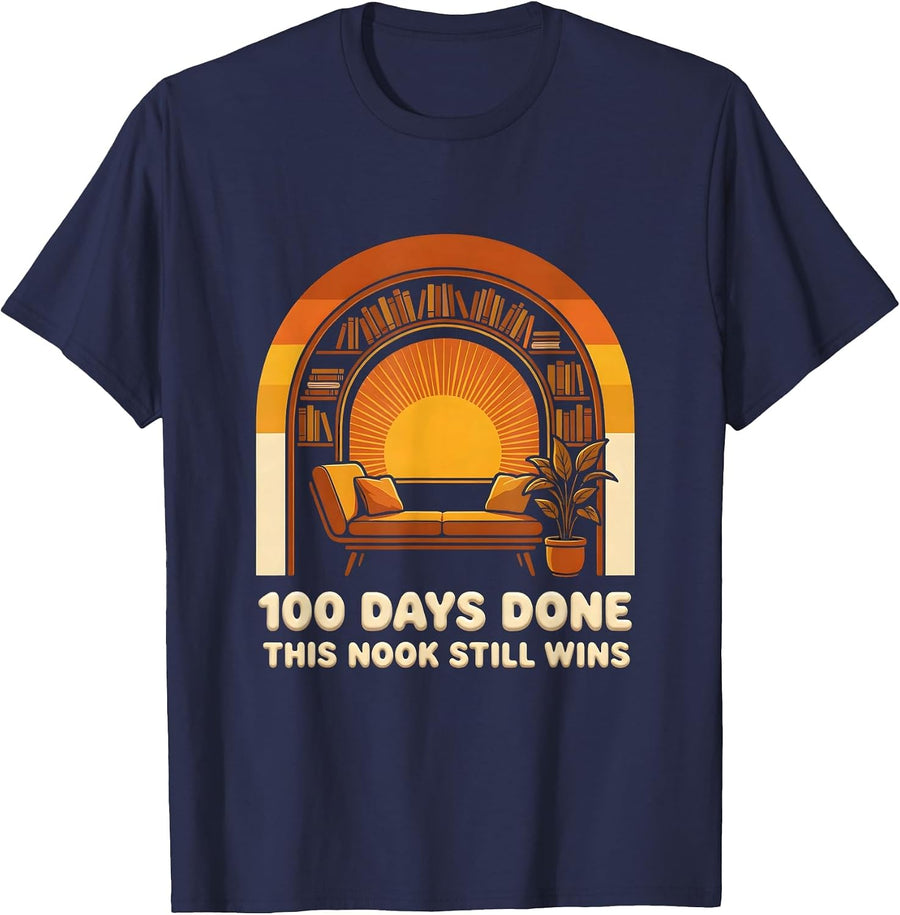 100 Days Done This Nook Still Wins Retro 70s Teacher 100th T-Shirt - Navy Blue