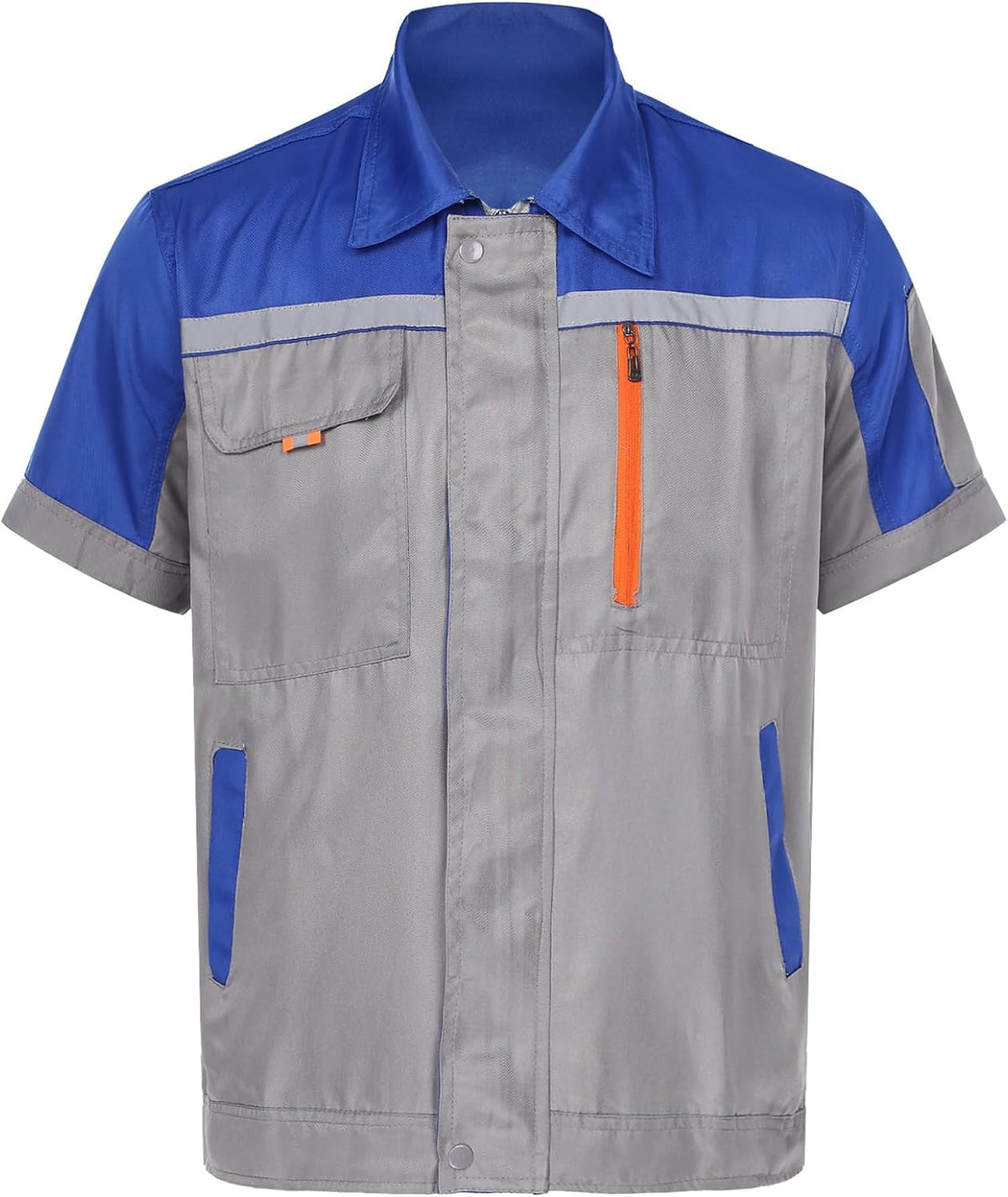 Mens Long Sleeve Work Coat Pocket Shirts Workshop Auto Mechanic Uniform Workwear with Reflective Stripes - Blue&gray